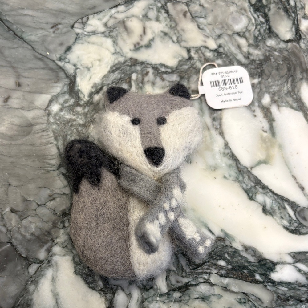 Crate & Barrel Joan Anderson Gray and Black Felted Fox Ornament